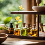 An image showcasing various aromatic oils and diffusers positioned on a wooden shelf, surrounded by soft, natural lighting