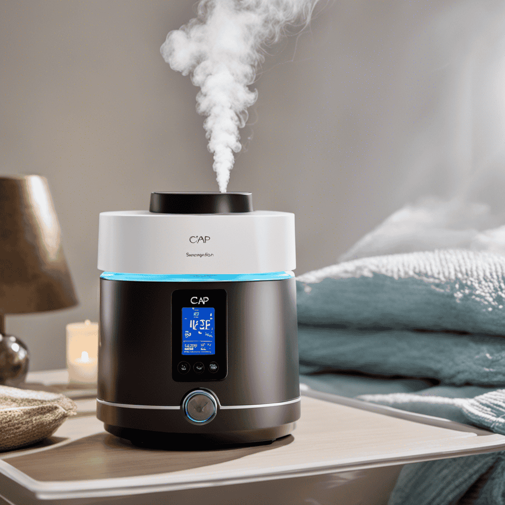An image showcasing a serene sleeping environment with a CPAP machine emitting gentle mist while a diffuser releases calming essential oils