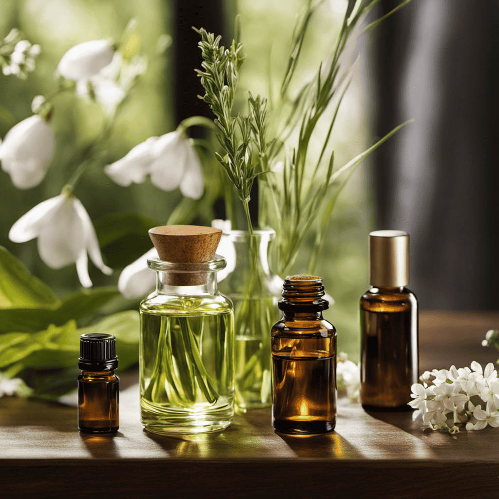 An image illustrating the process of aromatherapy, with a serene setting showcasing a diffuser releasing delicate wisps of fragrant essential oils, gently enveloping a person, and enhancing their well-being