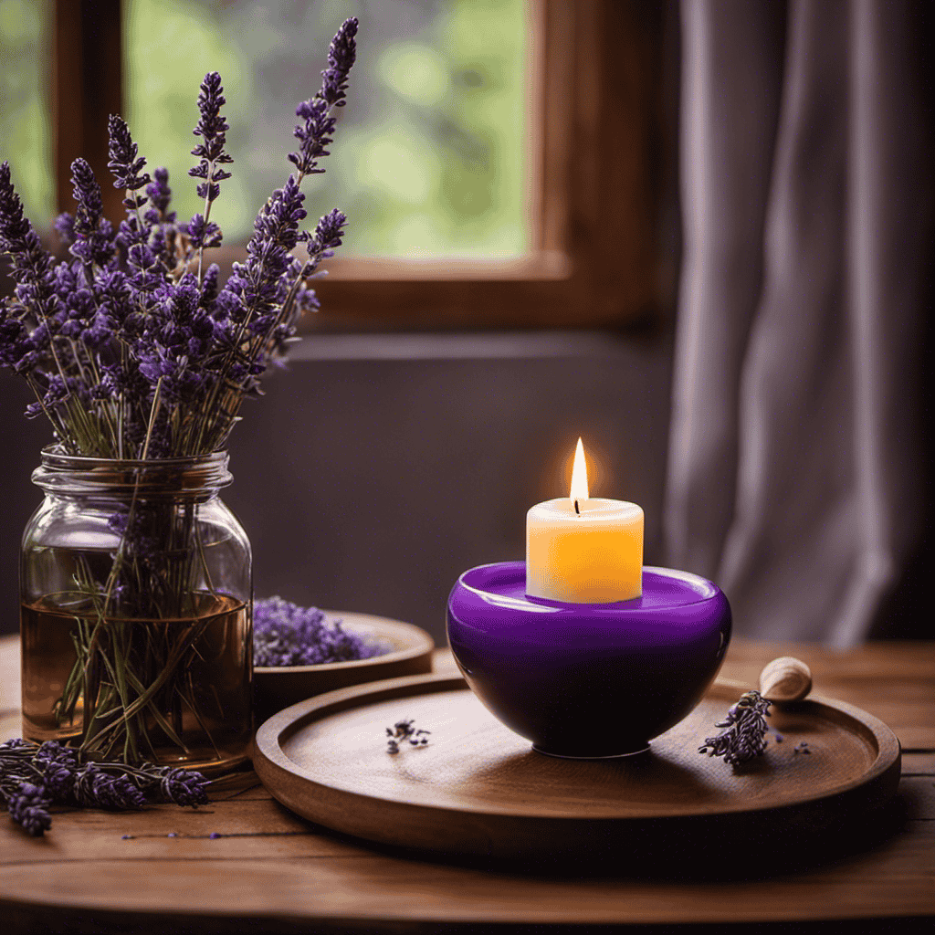 An image showcasing a serene, dimly lit room with a small bowl of lavender oil and a flickering candle on a wooden table