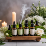 An image showcasing a serene setting with a wooden tray holding various essential oil bottles, a diffuser emitting a gentle mist, and a soft flickering candle surrounded by fresh flowers and lush greenery