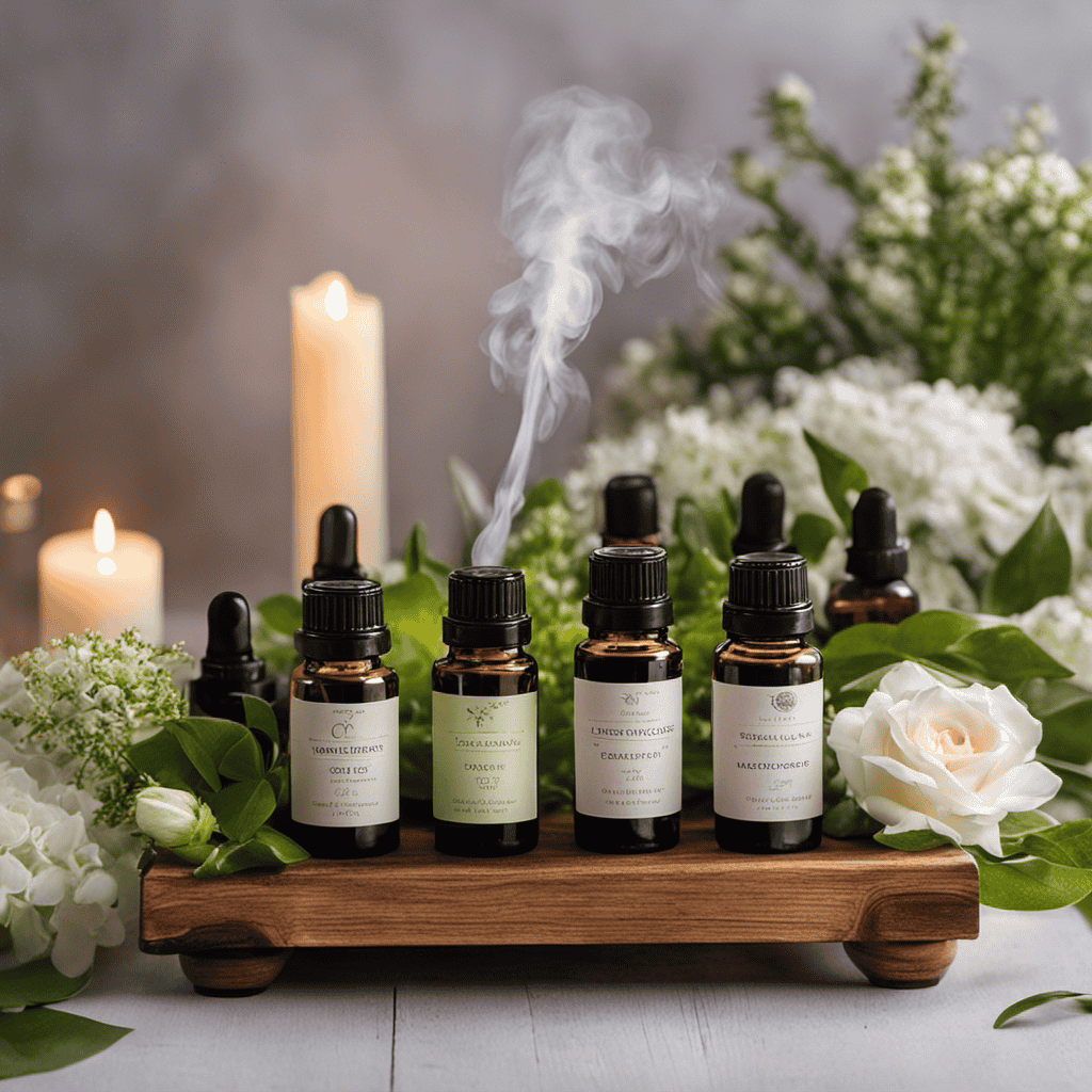 An image showcasing a serene setting with a wooden tray holding various essential oil bottles, a diffuser emitting a gentle mist, and a soft flickering candle surrounded by fresh flowers and lush greenery
