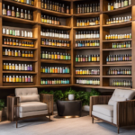 An image depicting a serene, well-lit room with shelves adorned with rows of neatly organized and labeled essential oil bottles, accompanied by a comfortable consultation area with a plush chair and a calming diffuser