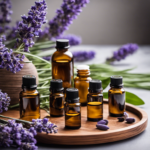 An image showcasing a serene setting with a wooden tray filled with an assortment of essential oil bottles, surrounded by fresh lavender flowers and a lit aromatherapy diffuser gently releasing fragrant mist into the air