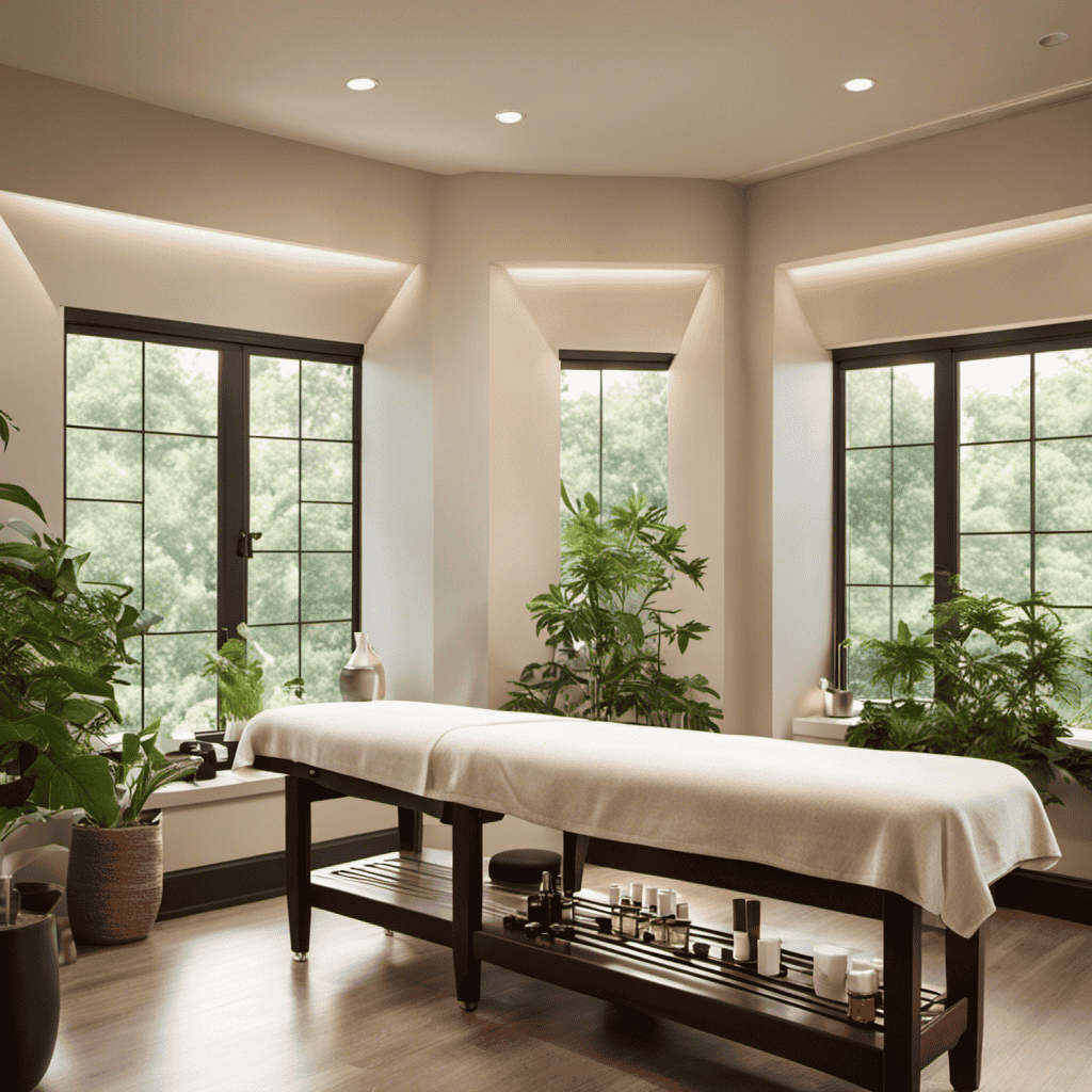 An image showcasing a serene setting: a bright, sunlit room with shelves filled with meticulously labeled essential oil bottles, a cozy massage table, and a professional instructor guiding students in the art of aromatherapy