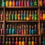 An image showcasing an assortment of colorful glass bottles, each filled with different aromatic oils