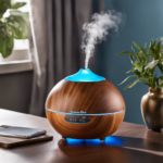 An image showcasing a pair of hands delicately removing the top lid of a sleek wood grain ultrasonic humidifier