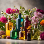 An image featuring a diverse range of vibrant, blooming plants with delicate petals, surrounded by glass bottles showcasing various organic aromatherapy oils