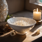 An image showcasing a sparkling white porcelain bowl filled with warm soapy water, delicate aromatherapy bracelets gently submerged, while soft sunlight streams through a nearby window, casting a warm glow on the scene