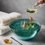 An image showcasing a sparkling glass pipette immersed in a small basin filled with warm soapy water, surrounded by an array of meticulously arranged cotton swabs, a bottle of essential oil, and a clean towel