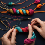 An image capturing a close-up shot of delicate hands gracefully wrapping a thin, colorful thread around a tiny, intricate knot on an aromatherapy bracelet, showcasing the step-by-step process of flawlessly covering the knot