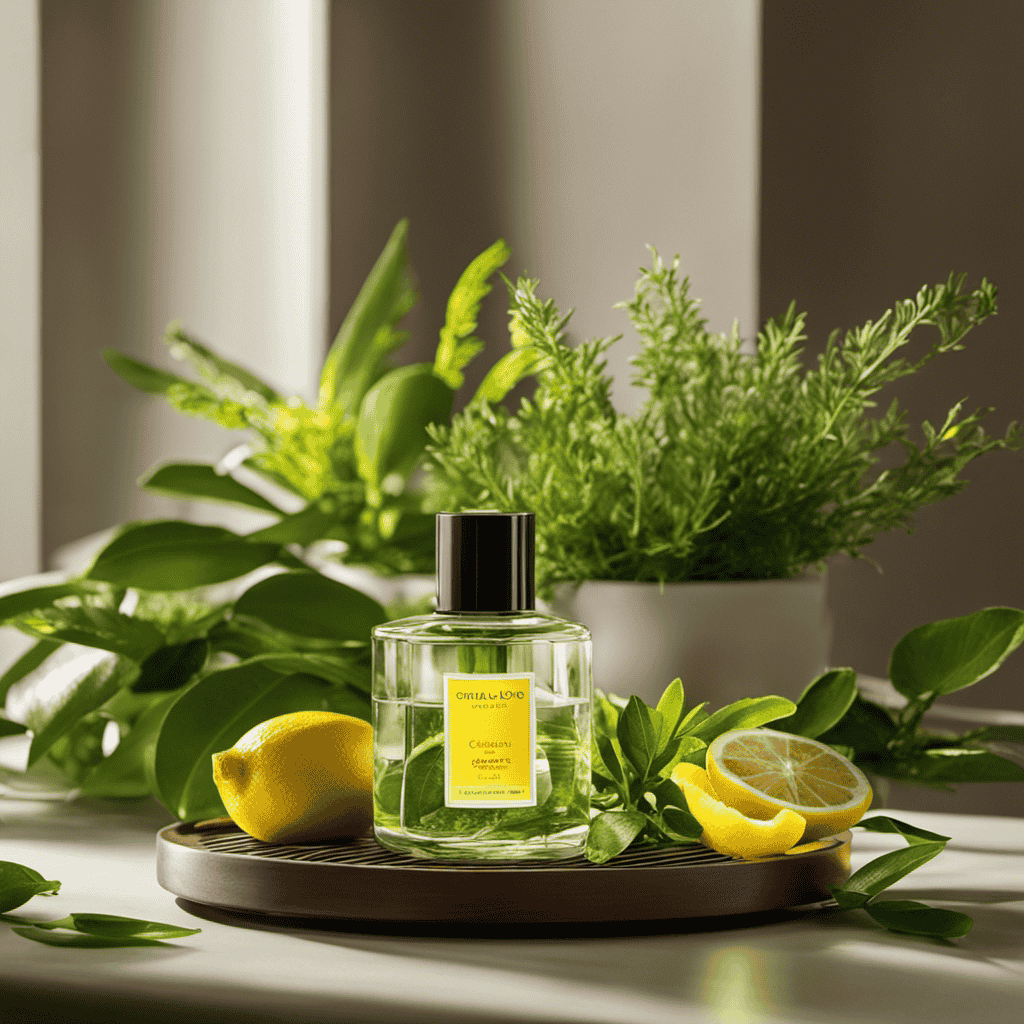 An invigorating visual of a serene spa-like setting, featuring a tabletop diffuser emitting vibrant rays of citrusy fragrance, surrounded by fresh green herbs and vibrant yellow lemons, exuding an uplifting and energizing atmosphere