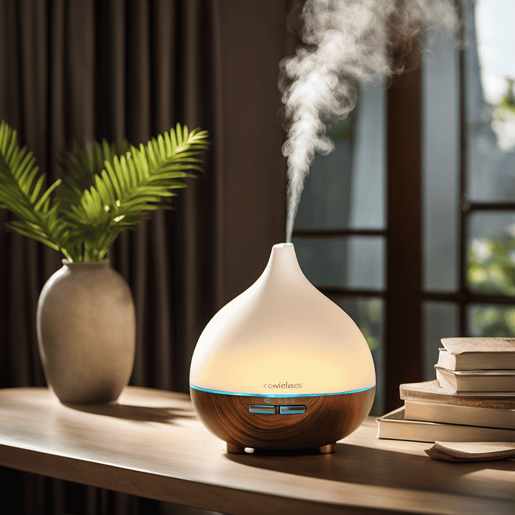 An image showcasing an elegantly designed diffuser emitting a gentle mist of aromatic oil, enveloping a serene setting with soft rays of sunlight streaming through a window, creating a tranquil and inviting ambiance