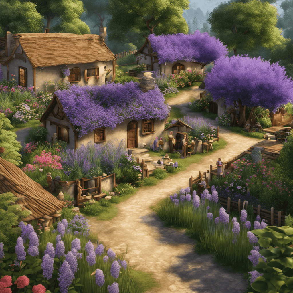 An image showcasing a serene virtual village scene with villagers gathered around an aromatic herb garden