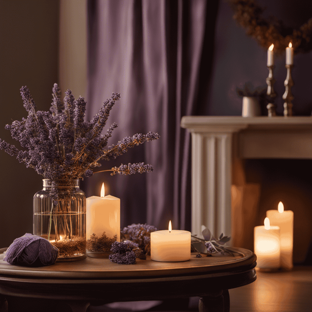 An image featuring a cozy living room with flickering candlelight, scattered dried lavender and eucalyptus leaves, a bubbling aromatherapy diffuser, and a serene person inhaling the soothing scents