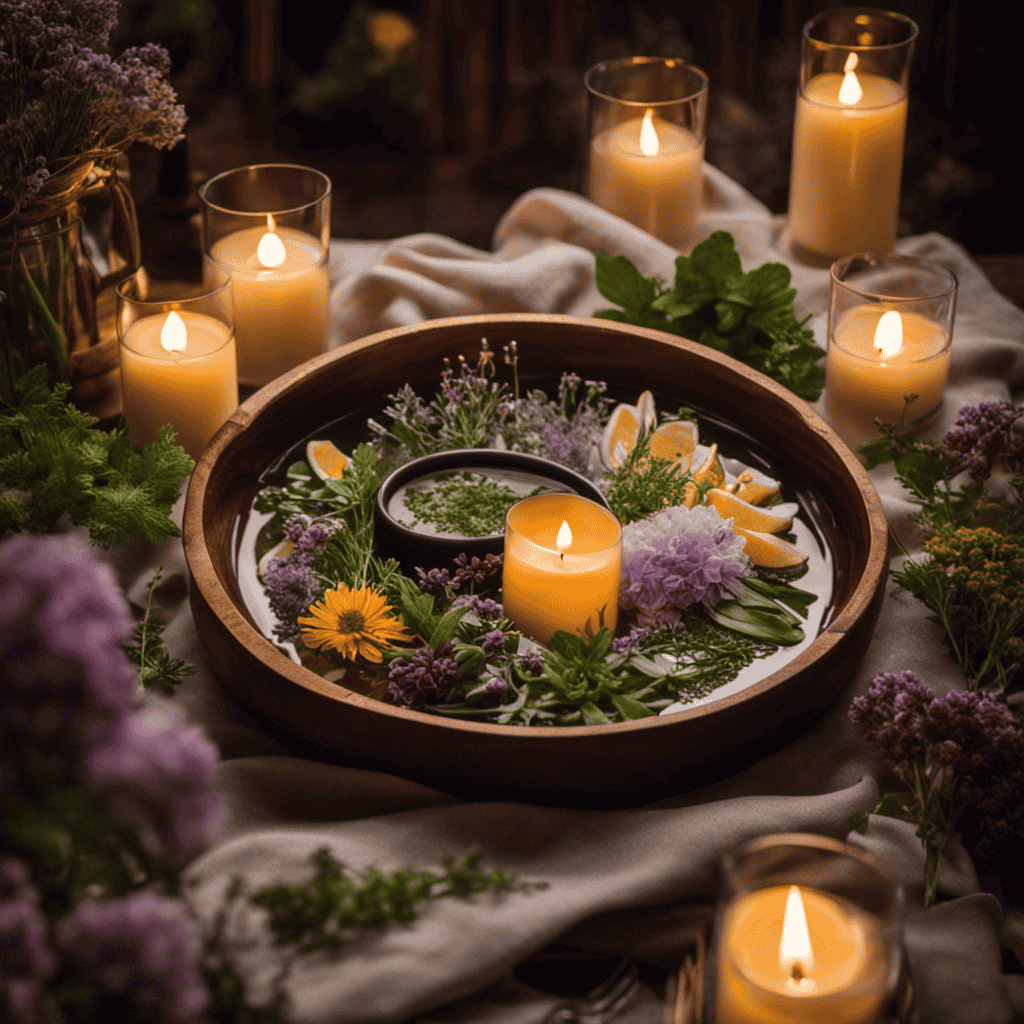 An image showcasing a serene setting with a person holding a dish of simmering water infused with aromatic herbs and flowers, surrounded by flickering candles and wisps of fragrant steam