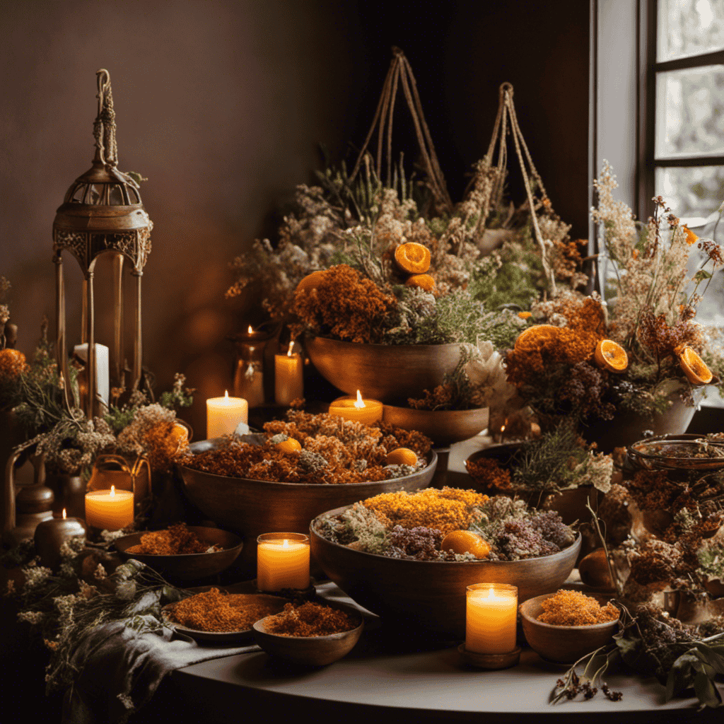 An image of a serene space adorned with dried flowers, herbs, and citrus peels artfully arranged in bowls, hanging sachets, and simmering pots