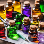 An image showcasing an array of colorful essential oil bottles with price tags, a calculator, and a hand holding a pen and paper, illustrating the step-by-step process of calculating the sale price of aromatherapy products