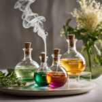 -up shot capturing the graceful pour of vibrant essential oils from tiny glass bottles into a delicate, porcelain aromatherapy diffuser, as wisps of aromatic mist gently rise and disperse into the air