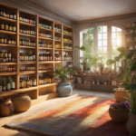 An image that features a serene, sunlit room with shelves adorned with colorful essential oil bottles, while a group of curious beginners sit in a circle, eagerly listening to an experienced aromatherapist sharing her knowledge