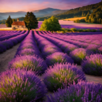 An image showcasing a serene lavender field at dusk, with rows of vibrant purple flowers gently swaying in the warm breeze