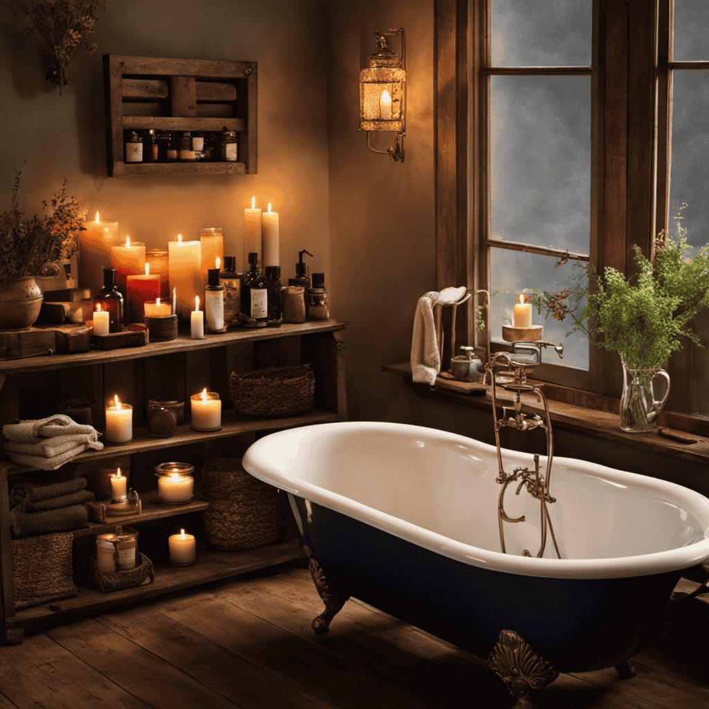 An image that showcases a serene, candlelit bathroom with a vintage clawfoot tub filled with steaming water infused with colorful, aromatic essential oils