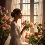 An image showcasing a serene, dimly lit room with soft sunlight peering through sheer curtains, where a woman peacefully diffuses Doterra's Emotional Aromatherapy oils, surrounded by vibrant and aromatic flowers