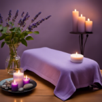 An image showcasing a serene setting, with soft, warm candlelight illuminating a massage table draped in soothing lavender linens