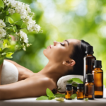 An image showcasing a serene setting with a person immersed in an aromatherapy session, surrounded by an array of essential oils and a diffuser