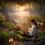 An image showcasing a tranquil scene: a person sipping herbal tea surrounded by aromatic plants, with soft candlelight and a diffuser emitting soothing scents