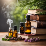 An image showcasing a serene setting with a wooden table adorned with various essential oil bottles, a diffuser emitting fragrant mist, and a stack of books on aromatherapy, inviting readers to delve into the world of learning aromatherapy