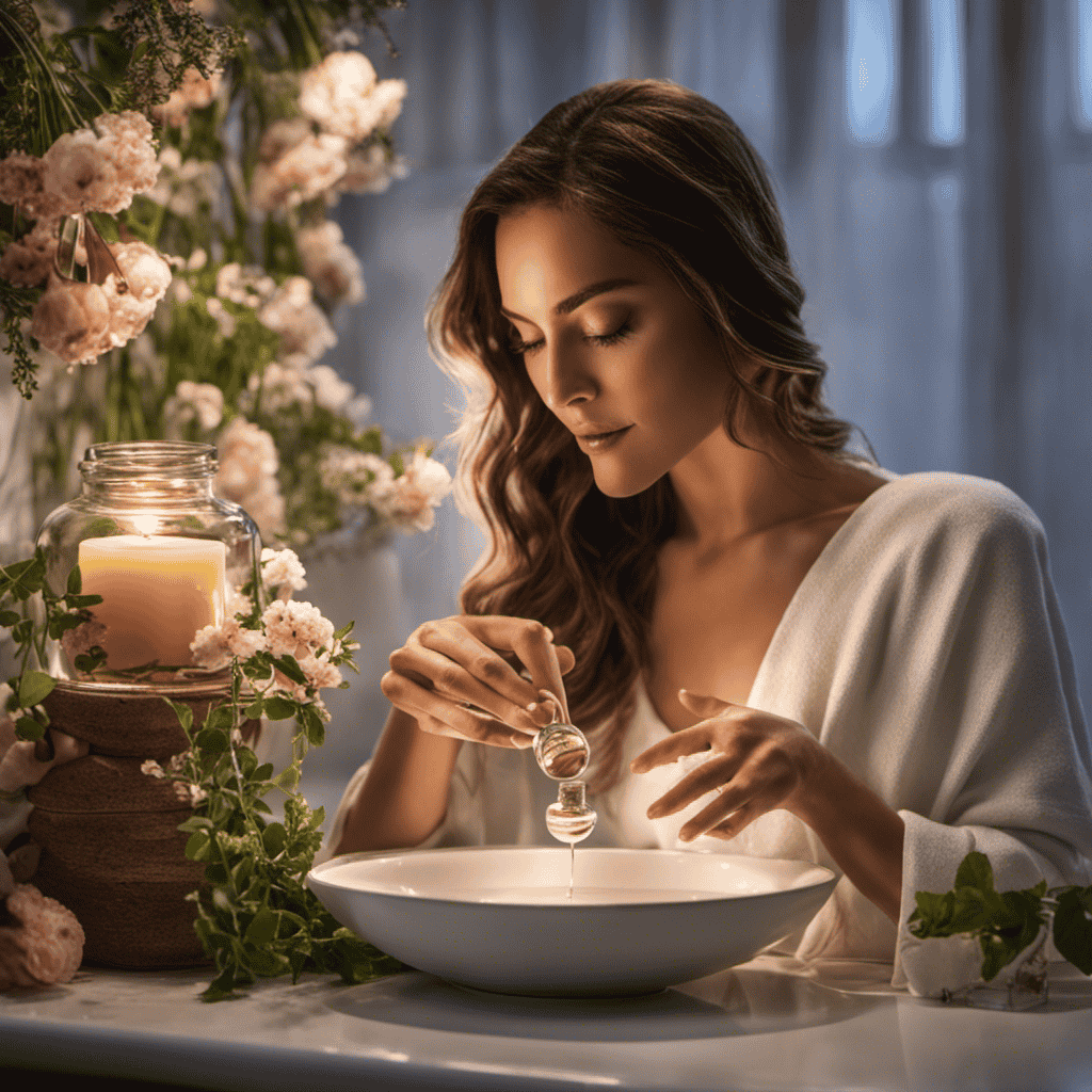 An image showcasing a serene bathroom scene with soft lighting, a glass jar filled with aromatic flowers and herbs, a dropper releasing essential oils into a bowl of water, and a woman gently splashing the infusion onto her glowing skin