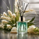 An image featuring a serene setting with soft ambient lighting, showcasing a transparent glass bottle filled with fragrant essential oils, a bouquet of delicate reed sticks protruding from the bottle neck, and a gentle wisp of aromatic mist gracefully diffusing in the air