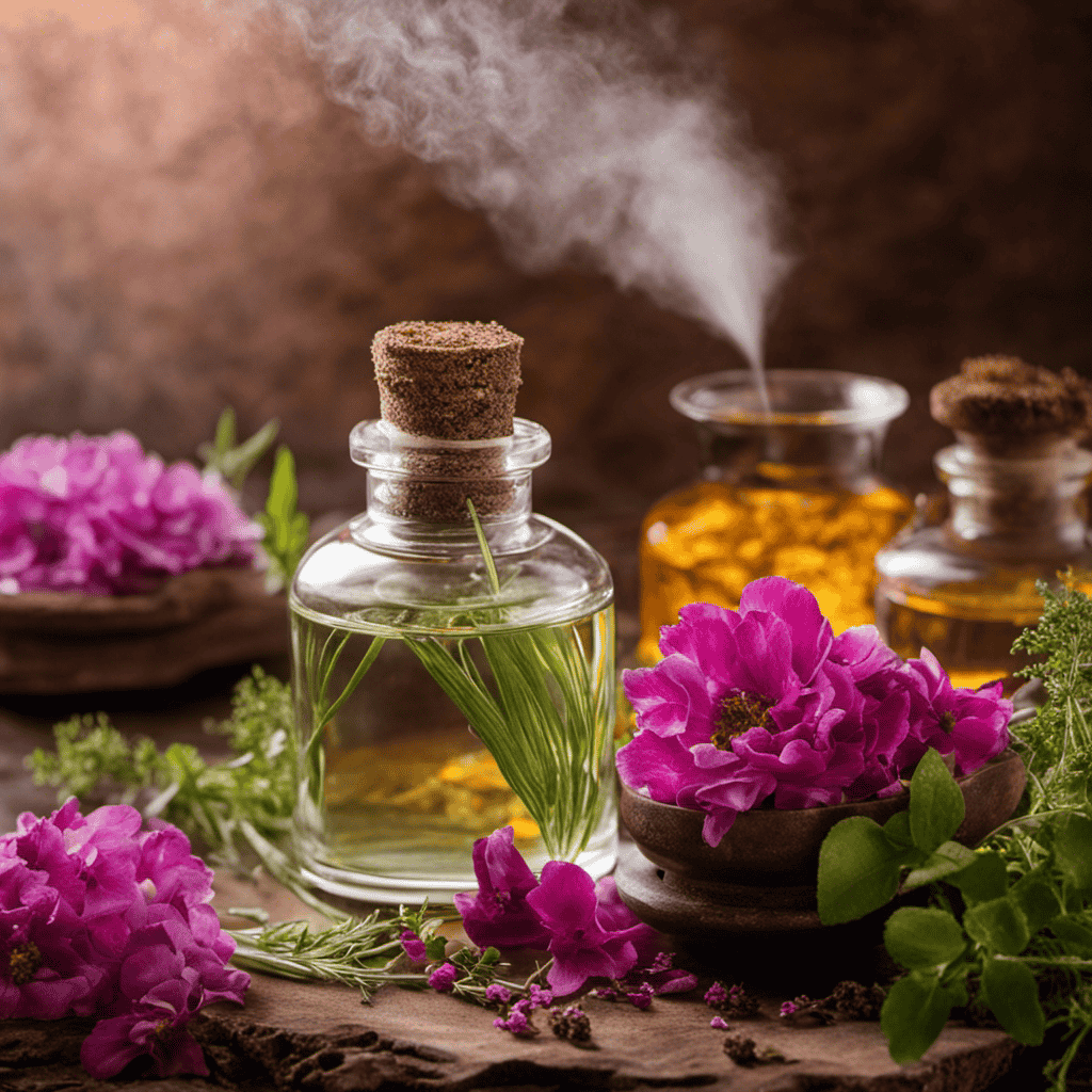 An image of a hands-on demonstration for making a strong aromatherapy spray: a glass spray bottle filled with vibrant petals and herbs, gently crushed by a mortar and pestle, while a mist of fragrant mist fills the air