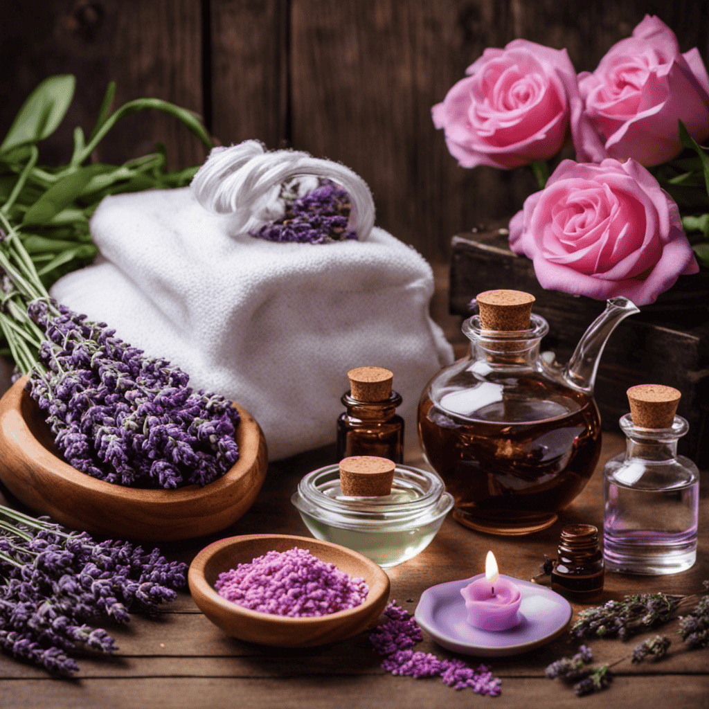 An image showcasing a white face cloth gently draped over a wooden bowl filled with vibrant, freshly picked lavender buds, surrounded by a selection of essential oil bottles, a steaming teapot, and a delicate pink rose in the background