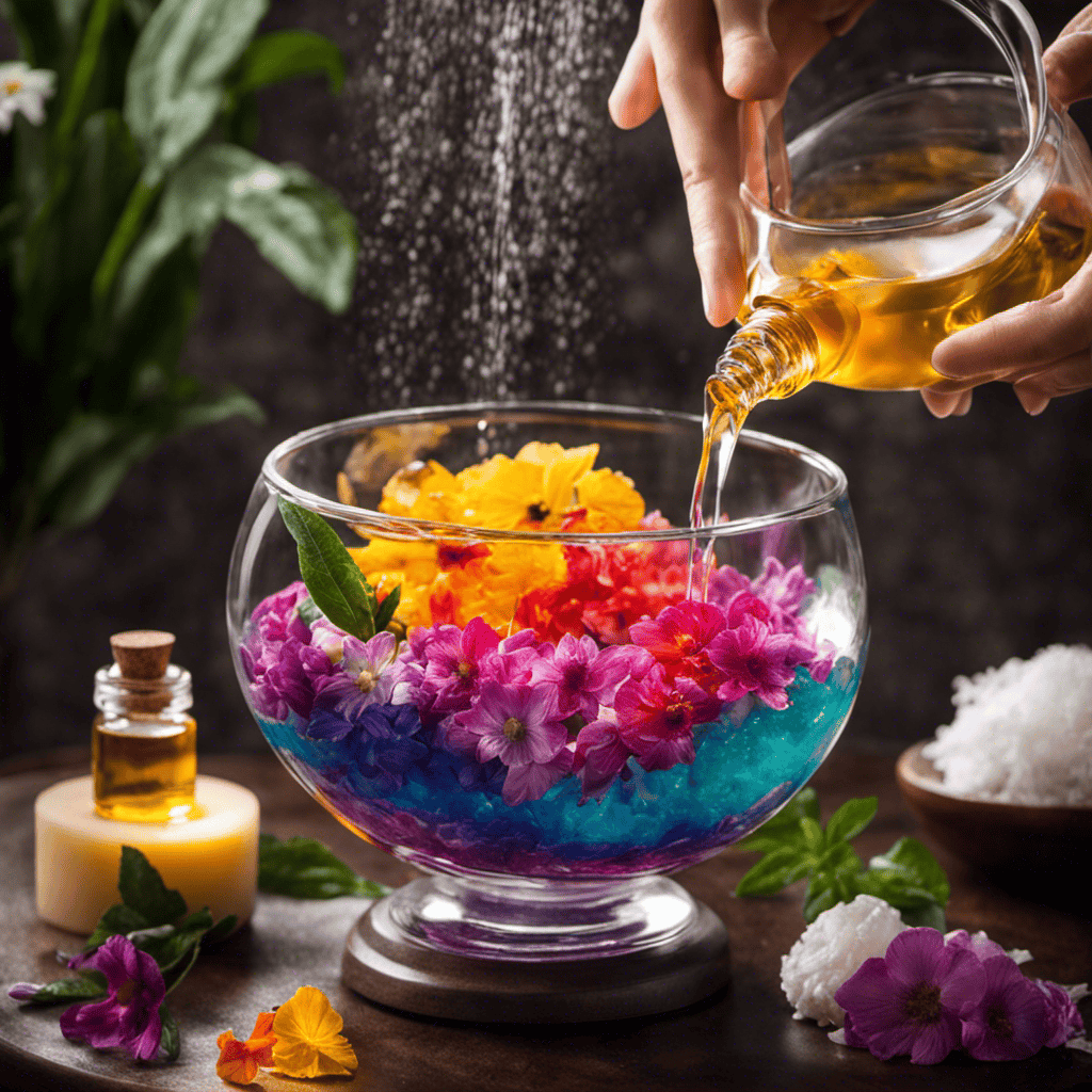 An image showcasing a person's hand pouring a vibrant blend of essential oils into a transparent bowl filled with gelatinous shower gelly