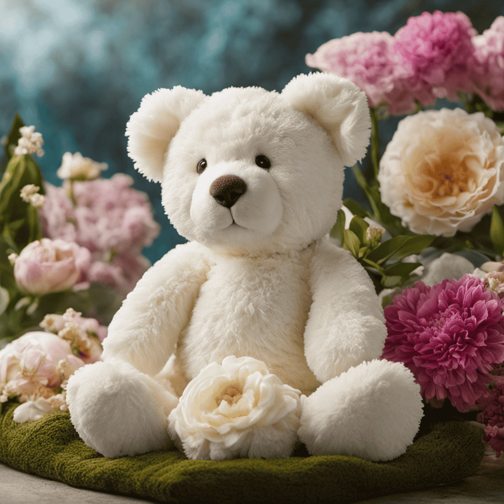 An image showcasing a plush, well-loved stuffed animal being gently rinsed under a stream of warm, soapy water, surrounded by an array of fragrant flowers, essential oils, and a fluffy towel waiting to wrap it up