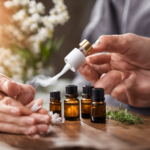 An image featuring a step-by-step guide to making an aromatherapy inhaler: a hand holding an empty inhaler, adding essential oils with a dropper, sealing the inhaler, and finally, a person inhaling the aroma with satisfaction
