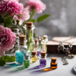 An image of a serene, sunlit workspace adorned with delicate glass vials filled with vibrant essential oils, alongside dainty silver chains, sparkling gemstones, and miniature metal tools, showcasing the enchanting process of crafting aromatherapy jewelry