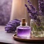 An image featuring a serene bedroom scene with a beautiful glass spray bottle in the foreground, filled with a lavender-infused mist gently dispersing into the air, creating a soothing and relaxing atmosphere