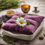 An image showcasing a cozy, flannel-covered microwave heating pad filled with fragrant herbs like lavender and chamomile, emitting gentle warmth and relaxation