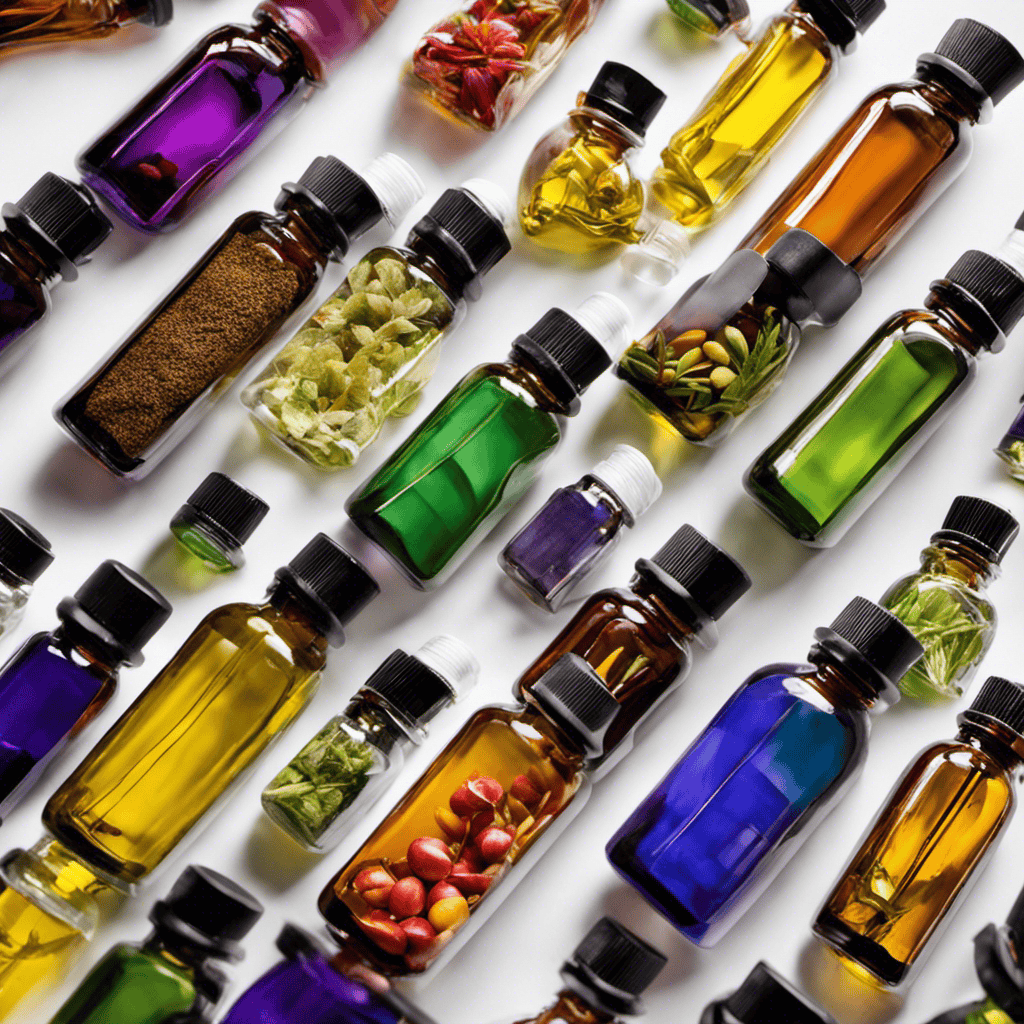 An image showcasing the step-by-step process of crafting aromatherapy oils, capturing the vibrant colors of various botanical ingredients, the delicate pour of essential oils into glass bottles, and the final product beautifully displayed with droppers ready for use