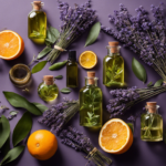 An image showcasing a collection of vibrant, aromatic botanical ingredients like lavender, eucalyptus, and citrus fruits, elegantly arranged in glass vessels alongside essential oil bottles and blending tools