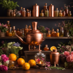 An image depicting a serene scene of an artisanal workshop, with a gleaming copper still distilling fragrant botanicals, surrounded by jars of vibrant flowers, citrus fruits, and herbs, capturing the essence of creating aromatherapy oils
