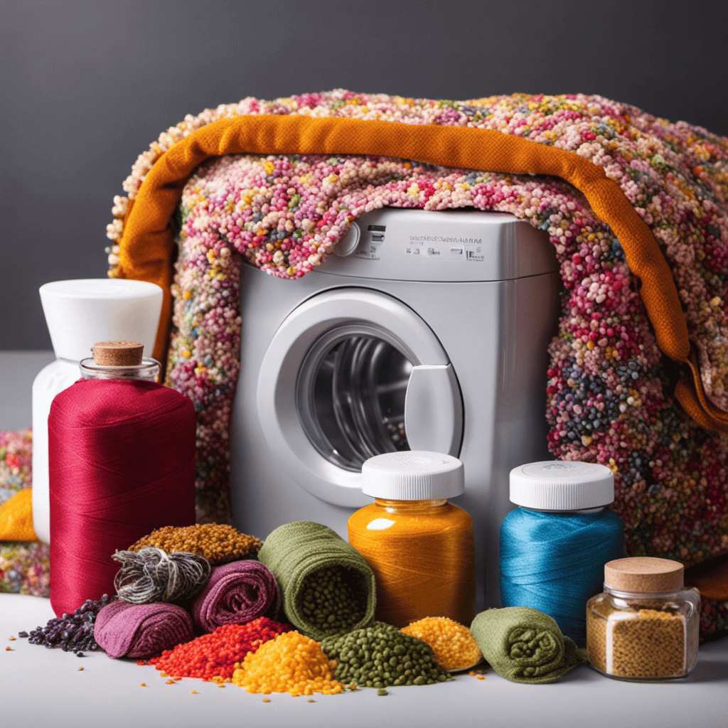 An image of a pair of hands sewing a colorful fabric pouch filled with aromatic rice grains, surrounded by various essential oils and a washing machine