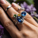 An image showcasing a step-by-step guide on crafting an aromatherapy ring: a close-up shot of delicate hands using pliers to wrap a thin wire around a colorful gemstone onto an adjustable metal band