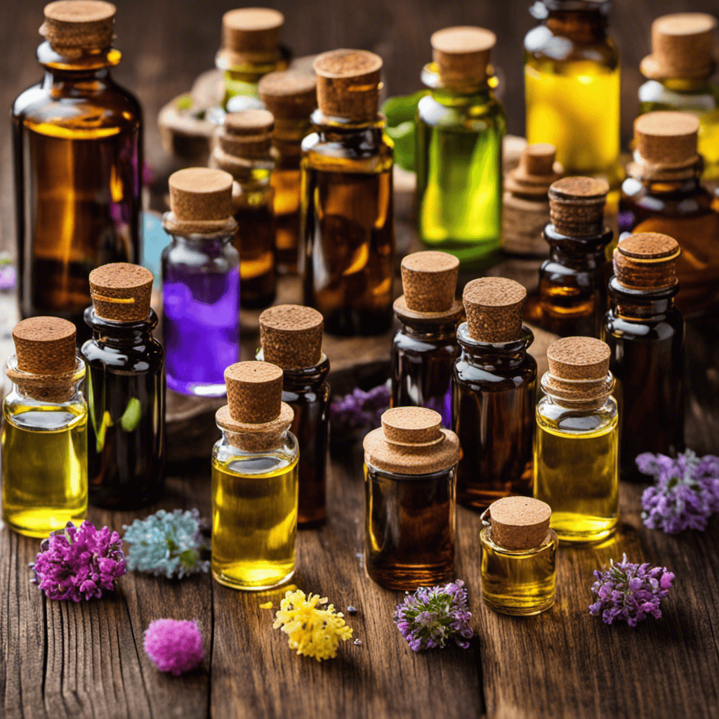 An image showcasing various essential oils, carrier oils, and small glass roll-on bottles neatly arranged on a wooden table