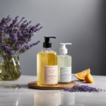 A captivating image of a serene bathroom scene with a translucent glass bottle filled with vibrant shower gel, surrounded by an array of botanical ingredients like lavender, eucalyptus, and citrus fruits, exuding a refreshing scent