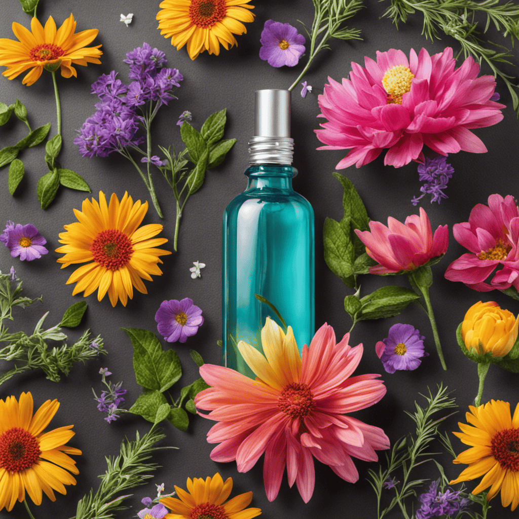 An image showcasing a serene scene of a glass spray bottle filled with a vibrant blend of essential oils, surrounded by fresh, aromatic herbs and colorful flowers
