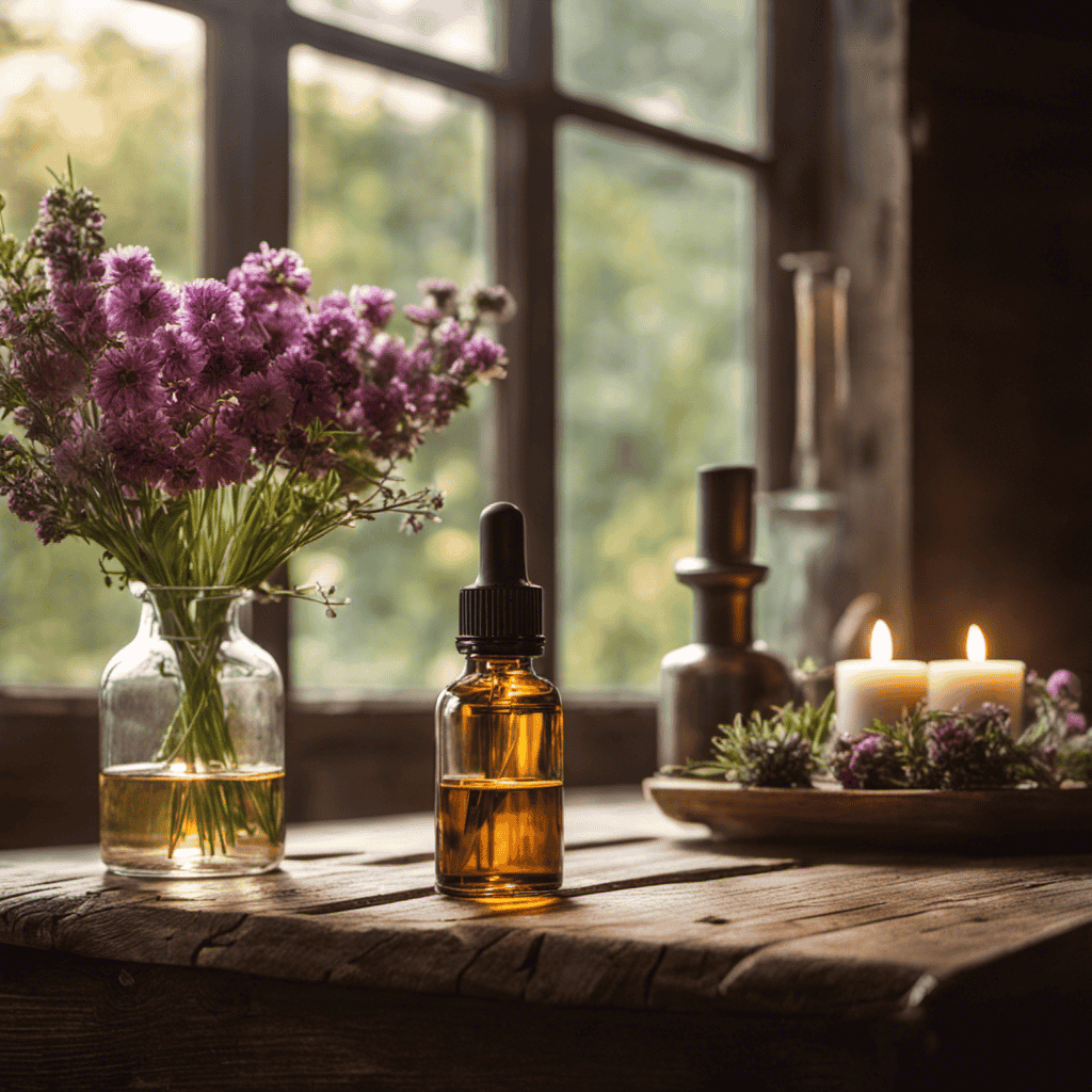 An image capturing the serene ambiance of a cozy room, with soft natural light streaming through a window onto a rustic wooden table adorned with various essential oils, flowers, and a misting spray bottle